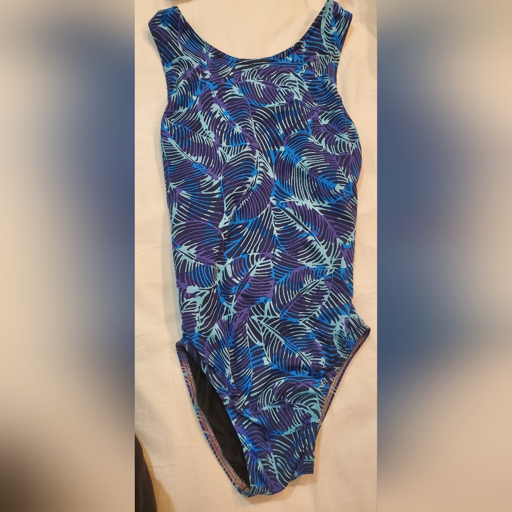 Blue Leaf Print One Piece Swim Suit
